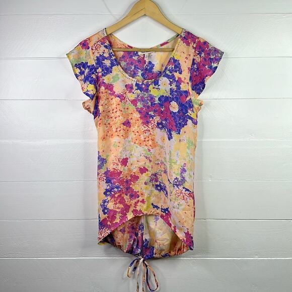 TRUE FREEDOM Orange Purple Pink Wide‎ Flutter Sleeve Long Tunic Shirt Top Size M - Picture 1 of 11